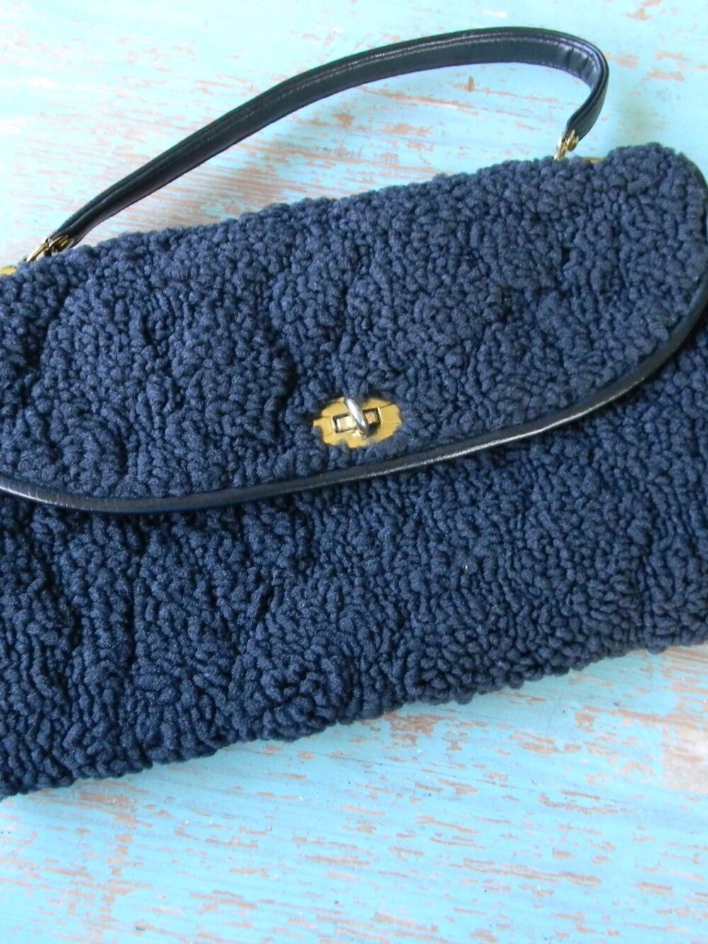 Vintage Franklin Simon NY BLACK MEDIUM TURNLOCK MARLED KNIT/LEATHER TRIM BAG